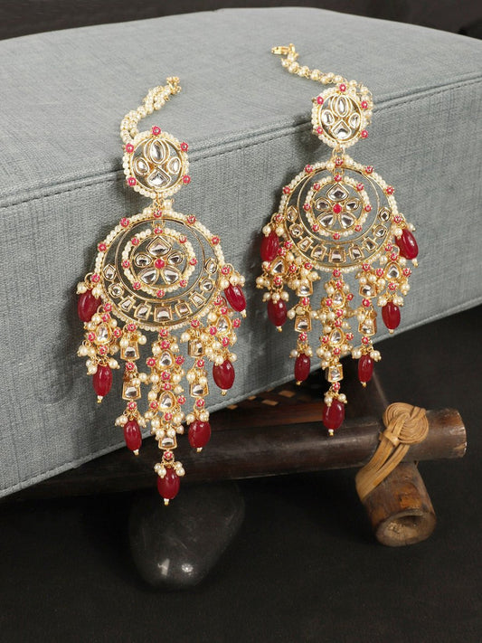 Anikas Creation Red & Gold-Polished Kundan Contemporary Chandbalis With Ear Chain Earrings | Swadesiicart