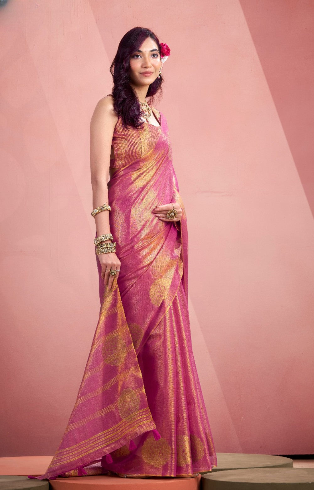 Anaita Magenta Silk Tissue Zari Weaving Work Saree With Blouse Piece