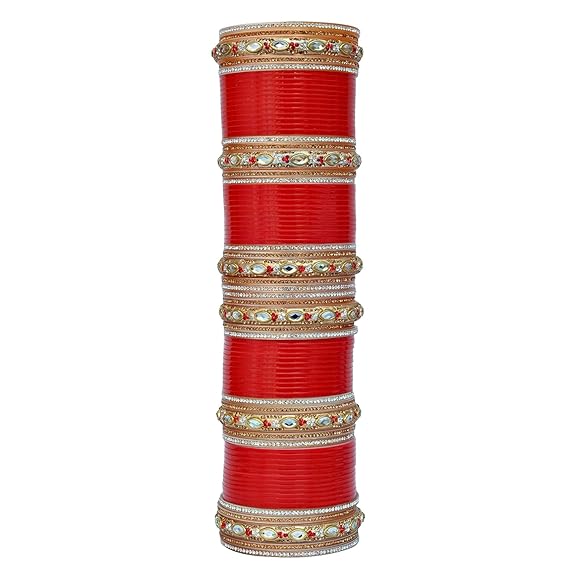 Tehzeeb Creations Bridal Bangle Set Red Golden & White Stone Chura Designer Fashion Choora Punjabi Chuda Set - Swadesiicart