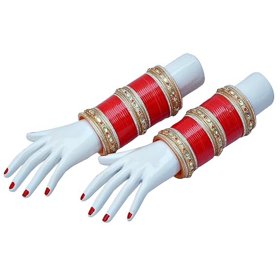 Tehzeeb Creations Bridal Bangle Set Red Golden & White Stone Chura Designer Fashion Choora Punjabi Chuda Set - Swadesiicart