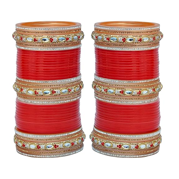Tehzeeb Creations Bridal Bangle Set Red Golden & White Stone Chura Designer Fashion Choora Punjabi Chuda Set - Swadesiicart