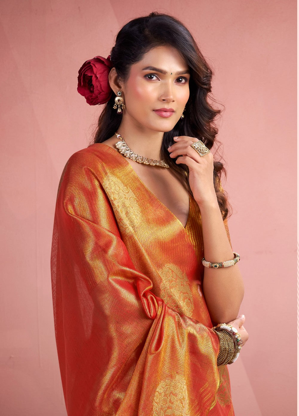 Anaita Orange Silk Tissue Zari Weaving Work Saree With Blouse Piece