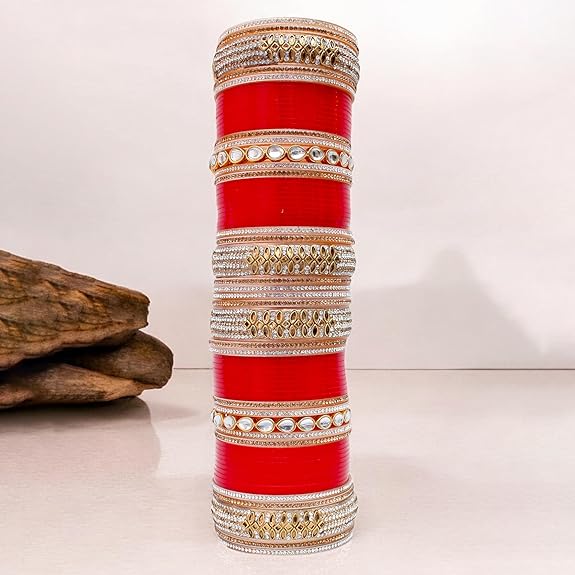 Tehzeeb Creations Bridal Bangle Set Red Designer White Kundan & Golden Stone Dulhan Chuda Fashion Punjabi Choora Wedding Chura For Women - Swadesiicart
