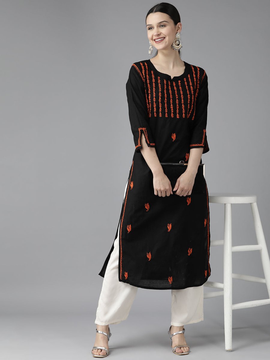 ADA Women Black & Orange Ethnic Motifs Embroidered Chikankari Kurta | Swadesiicart