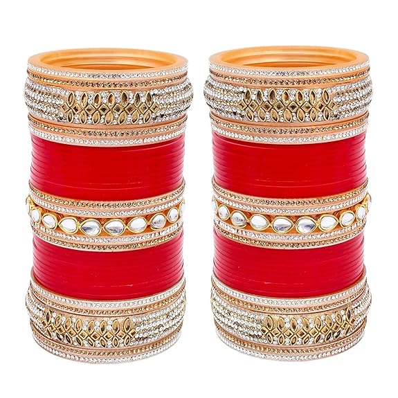 Tehzeeb Creations Bridal Bangle Set Red Designer White Kundan & Golden Stone Dulhan Chuda Fashion Punjabi Choora Wedding Chura For Women - Swadesiicart