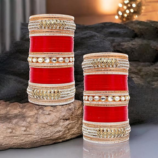 Tehzeeb Creations Bridal Bangle Set Red Designer White Kundan & Golden Stone Dulhan Chuda Fashion Punjabi Choora Wedding Chura For Women - Swadesiicart