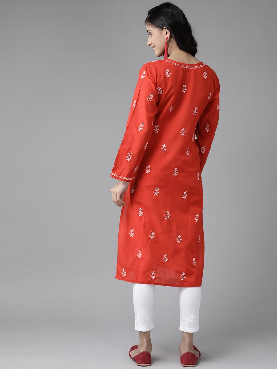 ADA Women Red & White Pure Cotton Chikankari Embroidered Handloom Kurta with Solid Trousers | Swadesiicart
