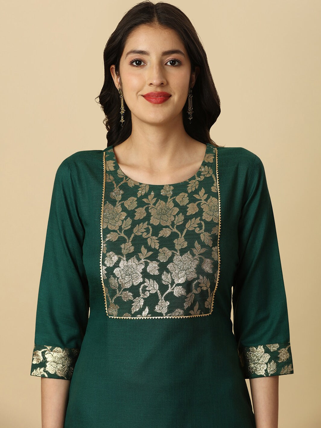 HERE&NOW Green Floral Yoke Design Gotta Patti Kurta - Swadesiicart