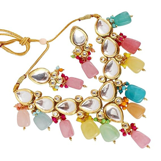 Tehzeeb Creations Meenakari Gold-Polished Multicolor pentagon shape Uncut Kundan Necklace Set - Swadesiicart