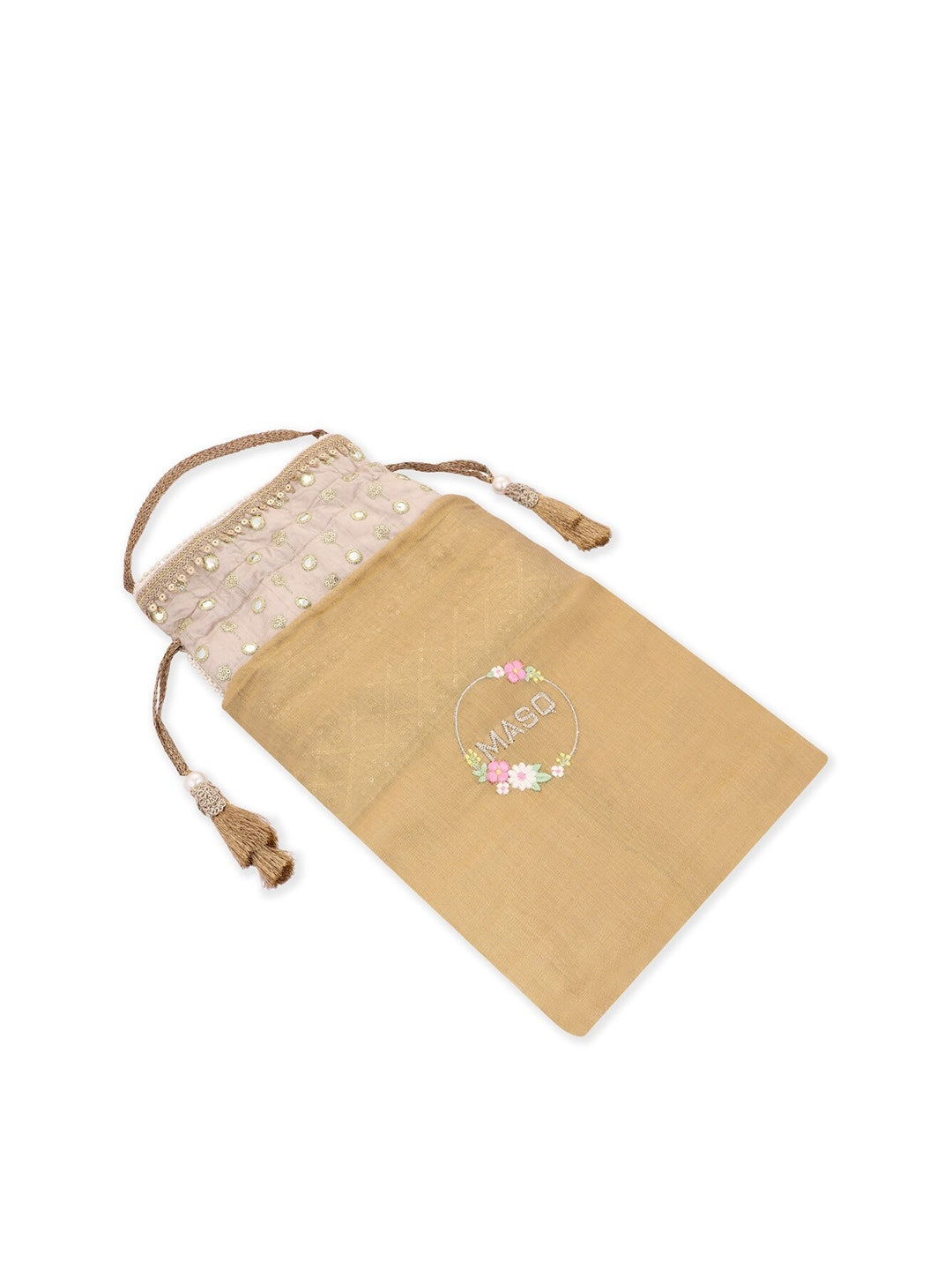 Masq Peach-Coloured & Grey Embroidered Potli Clutch - Swadesiicart