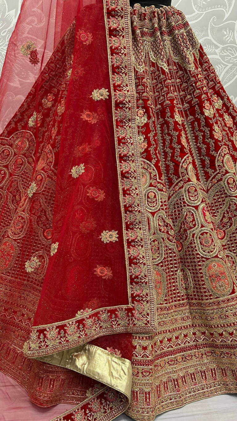 Jyoti Fashion Women's Red Velvet Multi Thread Embroidered with Zircon Diamond Wedding Lehenga Choli | Swadesiicart