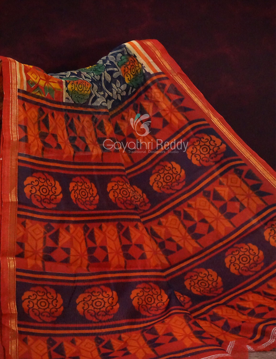 Shades of Dark Navy Blue With Orange Blouse Creeper Design Semi Chanderi Saree By Gayathri Reddy Designer Studio | Swadesiicart