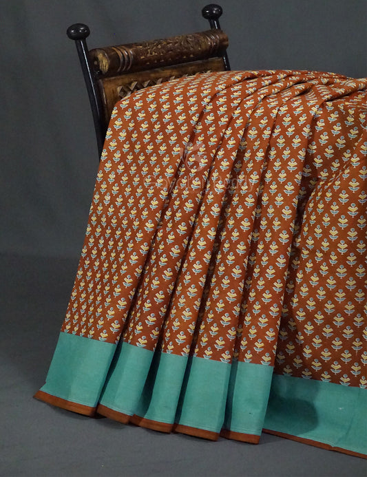 Chikoo Brown Block Print Pure Mulmul Cotton By Gayathri Reddy Designer Studio | Swadesiicart