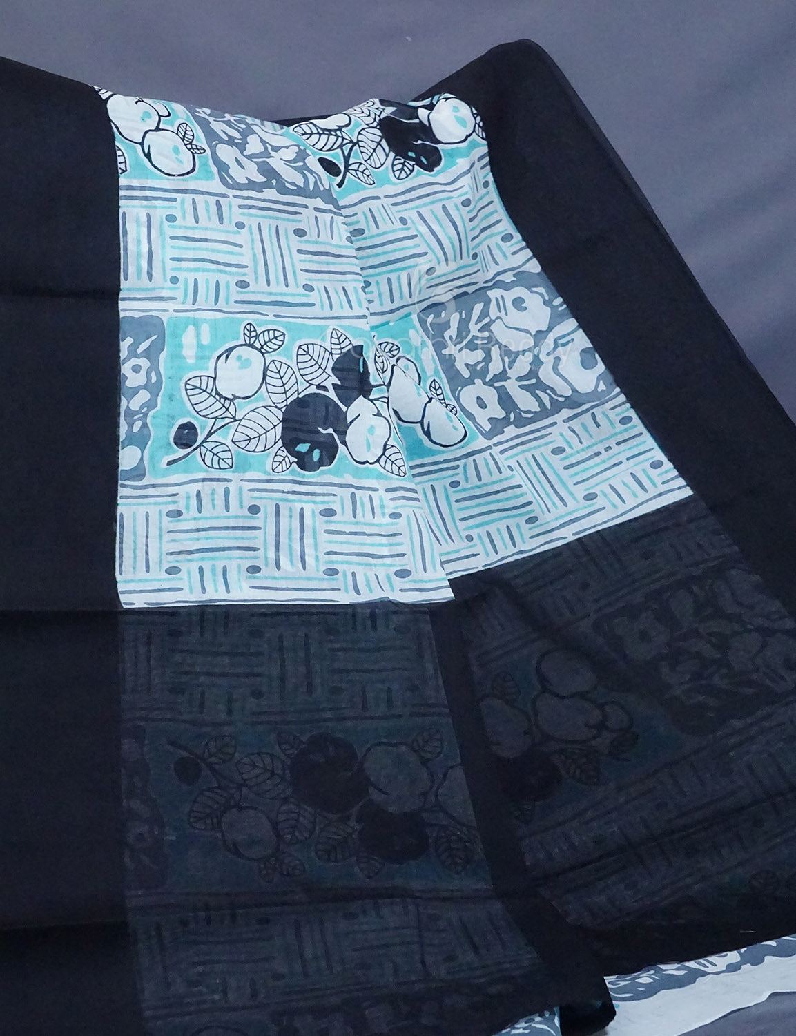 Shades of Sky Blue And Black Colour Floral Print Pure Mulmul Cotton Saree By Gayathri Reddy Designer Studio | Swadesiicart