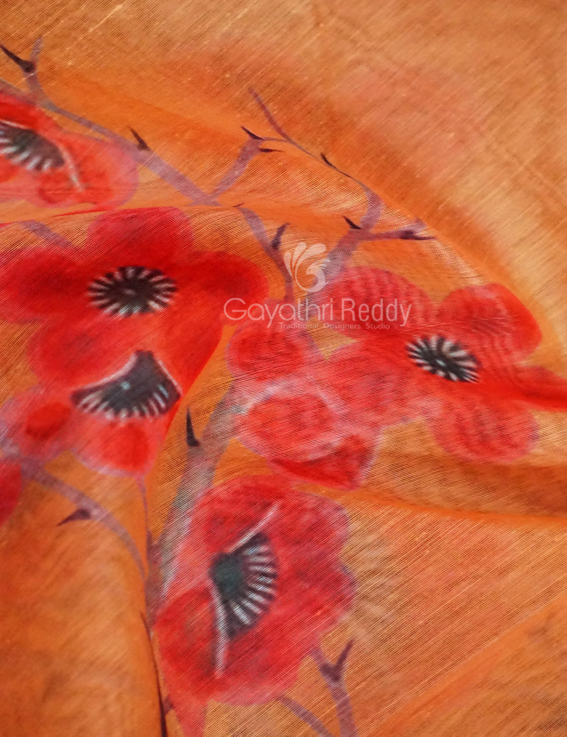 Shades of Light Orange Floral Print Semi Chanderi Saree By Gayathri Reddy Designer Studio | Swadesiicart