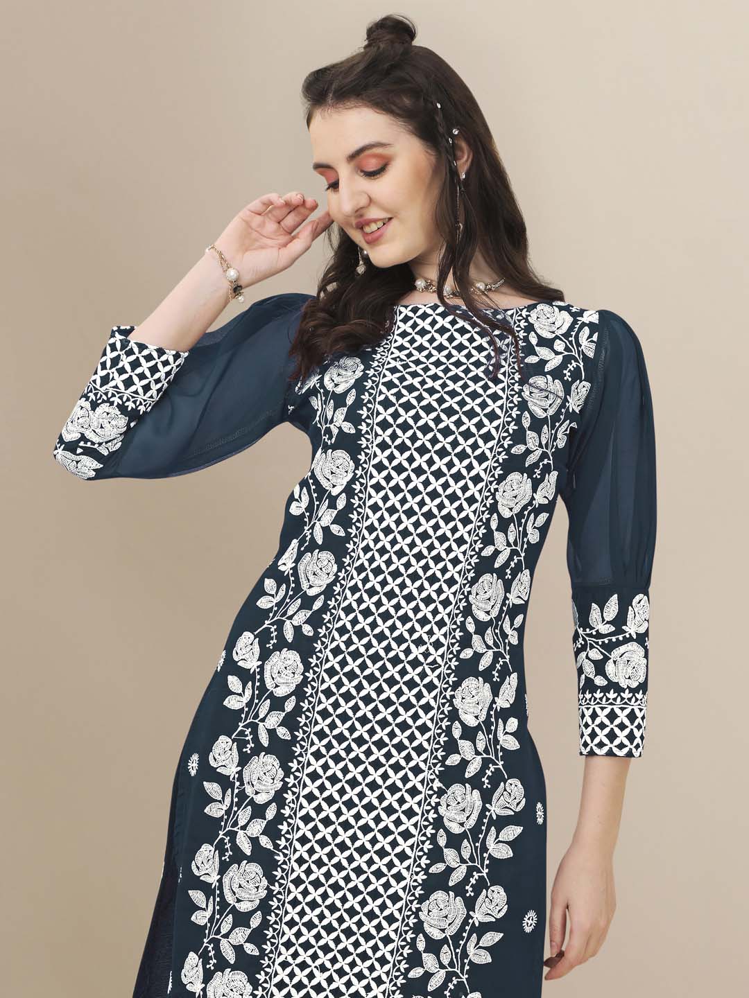 HERE&NOW Floral Embroidered Chikankari Kurta with Trousers & Dupatta | Swadesiicart