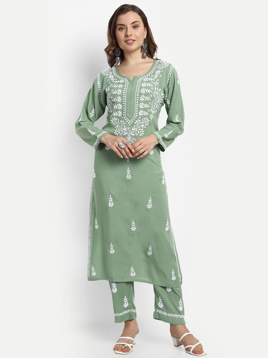 ADA Ethnic Motifs Embroidered Chikankari Kurta with Trousers | Swadesiicart