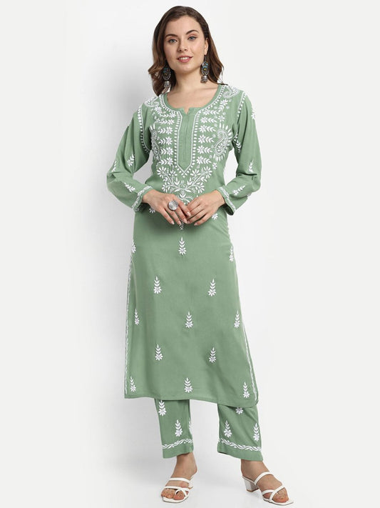 ADA Ethnic Motifs Embroidered Chikankari Kurta with Trousers | Swadesiicart