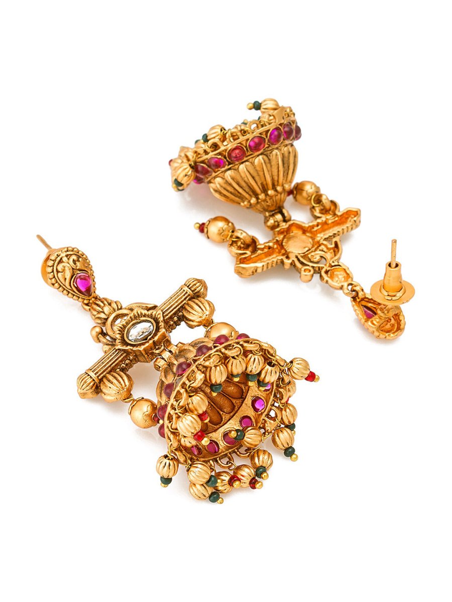 Aadita Gold-Toned Geometric Jhumkas Earrings - Swadesiicart
