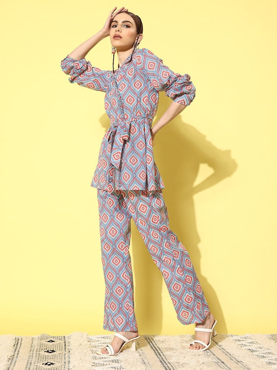InWeave Women's Blue Pink Ogee Print Belted Coord Set - Swadesiicart