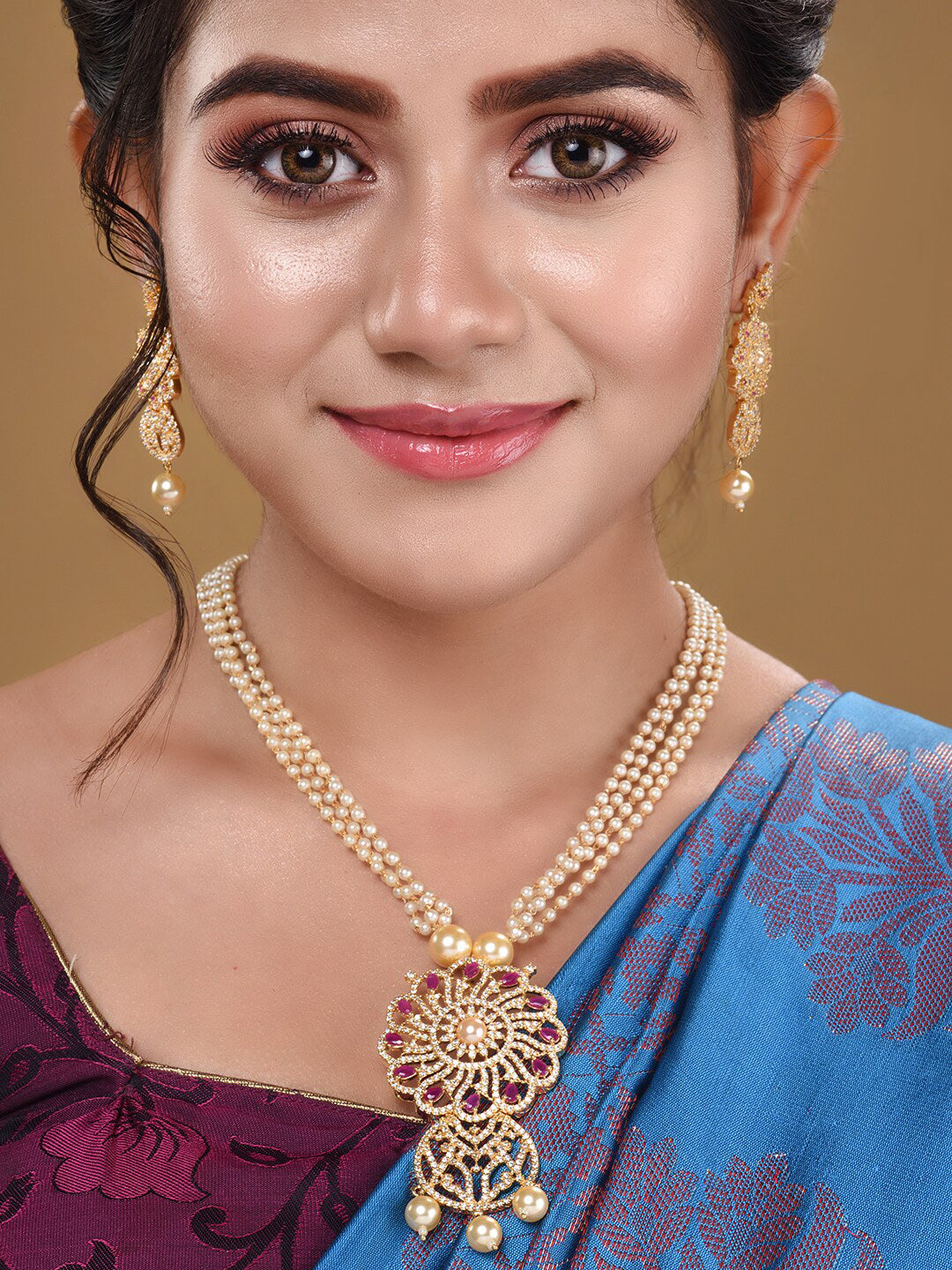 Saraf RS Jewellery Gold-Polished White & Pink American Diamond Studded & Beaded Handcrafted Set - Swadesiicart