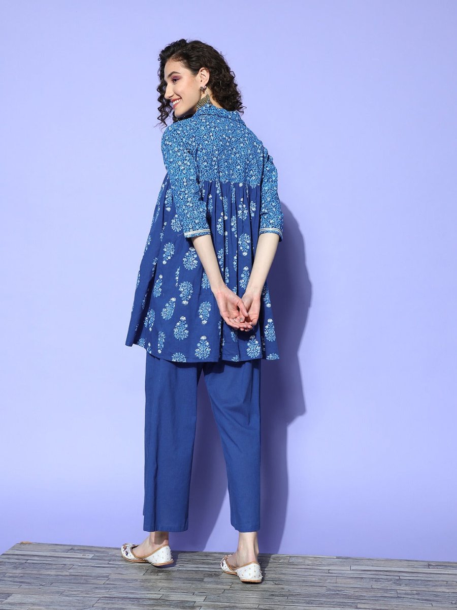 Ahalyaa Blue Pure Cotton Tunic & Palazzos Ethnic Co-Ords - Swadesiicart