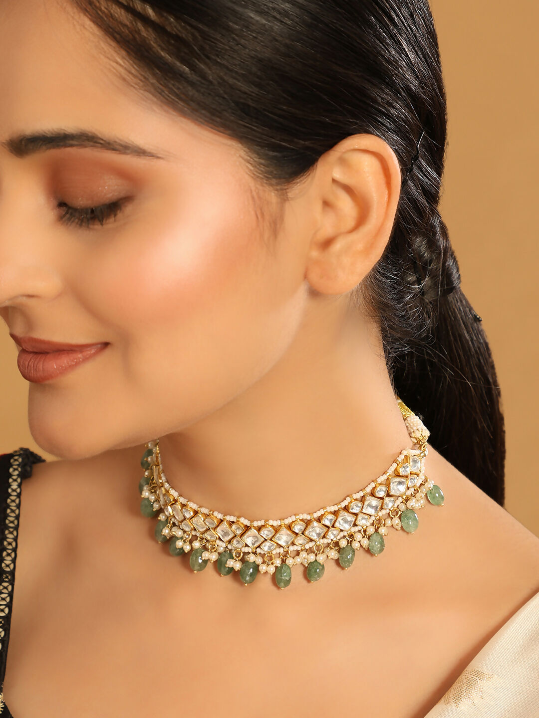 Nuyug 22K Gold Plated Royal Kundan Necklace with Green Stones | Swadesiicart