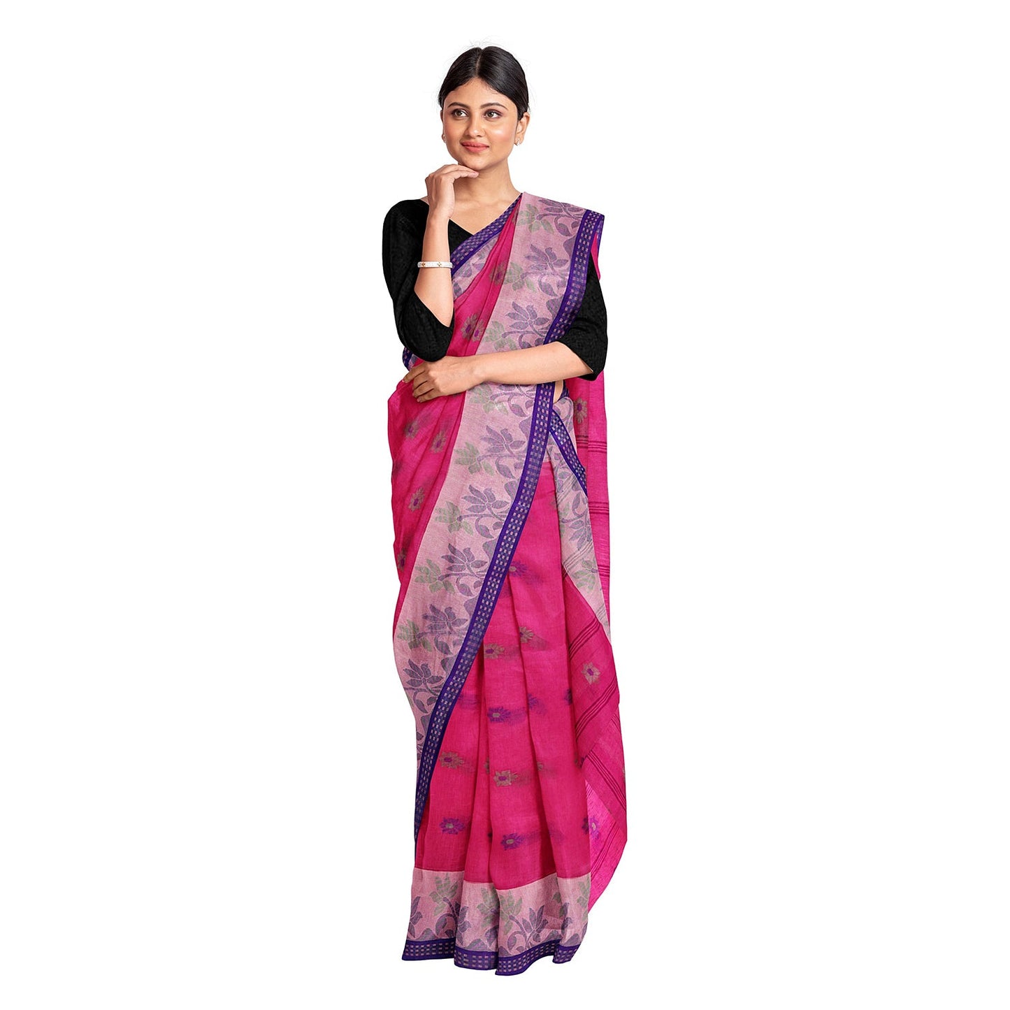 Exclusive Collection 100% Pure Cotton Pink Tant Saree With Hand Weaving Work - Swadesiicart