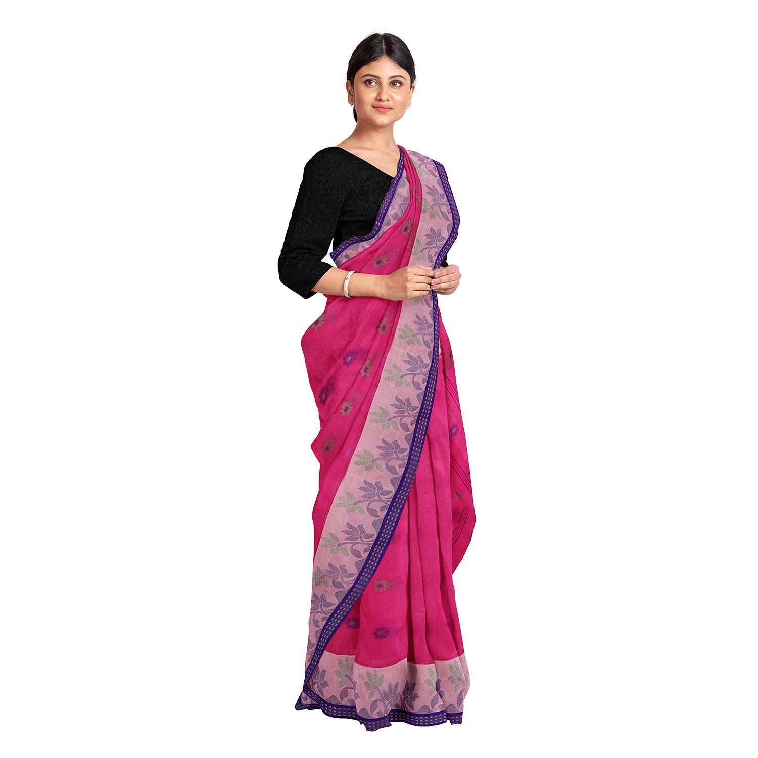 Exclusive Collection 100% Pure Cotton Pink Tant Saree With Hand Weaving Work - Swadesiicart