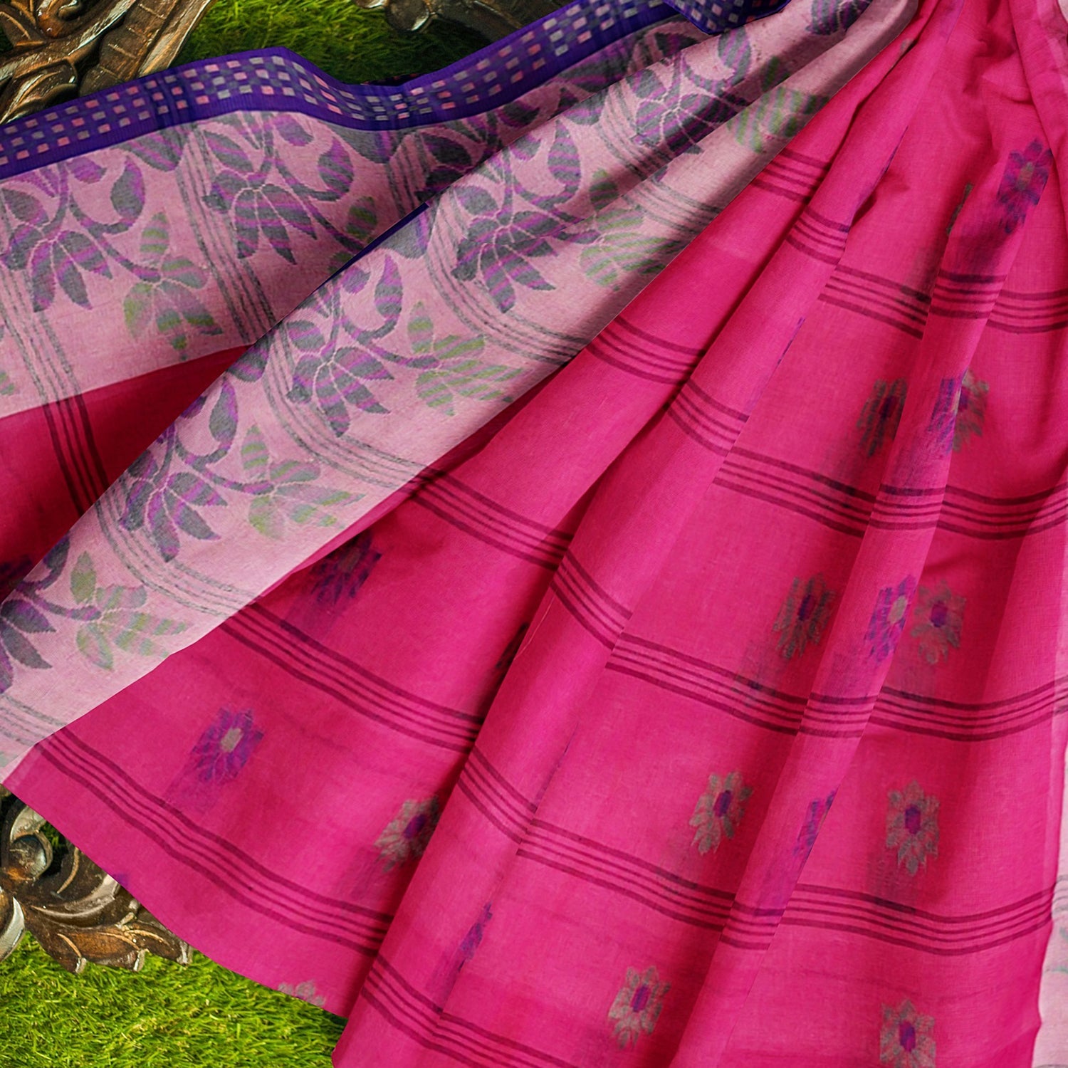 Exclusive Collection 100% Pure Cotton Pink Tant Saree With Hand Weaving Work - Swadesiicart