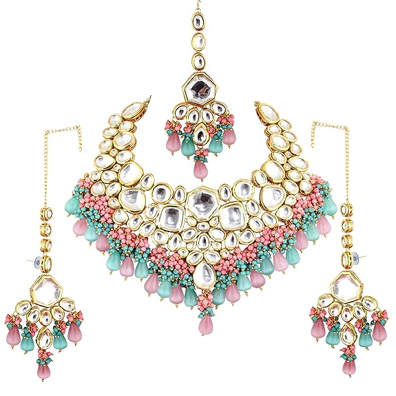 Tehzeeb Creations Meenakari Gold-Polished Multi Color Uncut dibbi Kundan Combo Necklace Set For Women - Swadesiicart