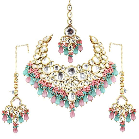 Tehzeeb Creations Meenakari Gold-Polished Multi Color Uncut dibbi Kundan Combo Necklace Set For Women - Swadesiicart