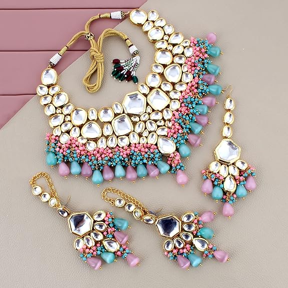 Tehzeeb Creations Meenakari Gold-Polished Multi Color Uncut dibbi Kundan Combo Necklace Set For Women - Swadesiicart