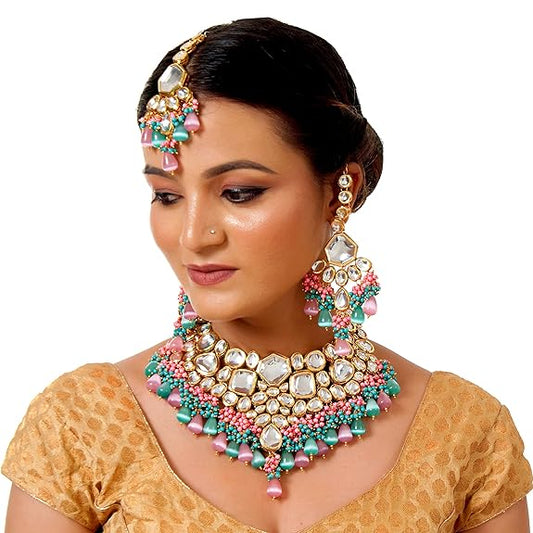 Tehzeeb Creations Meenakari Gold-Polished Multi Color Uncut dibbi Kundan Combo Necklace Set For Women - Swadesiicart