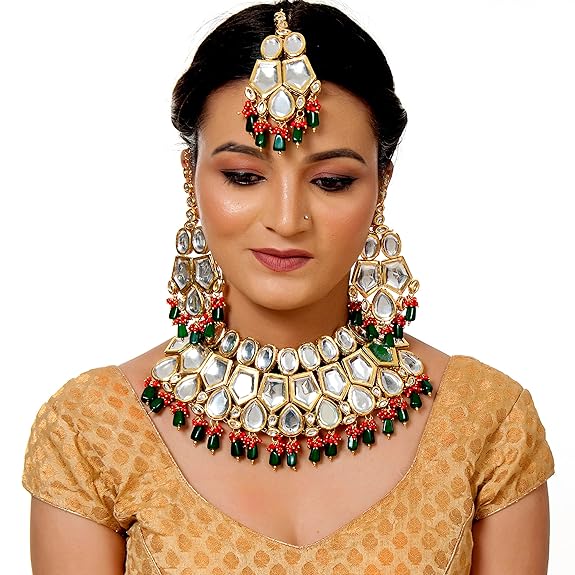 Tehzeeb Creations Back Meenakari Gold-Polished Multicolor Color Tika Earring Jewellery Set Uncut Big Faux Kundan Dibbi Kundan Choker Necklace Set | Swadesiicart