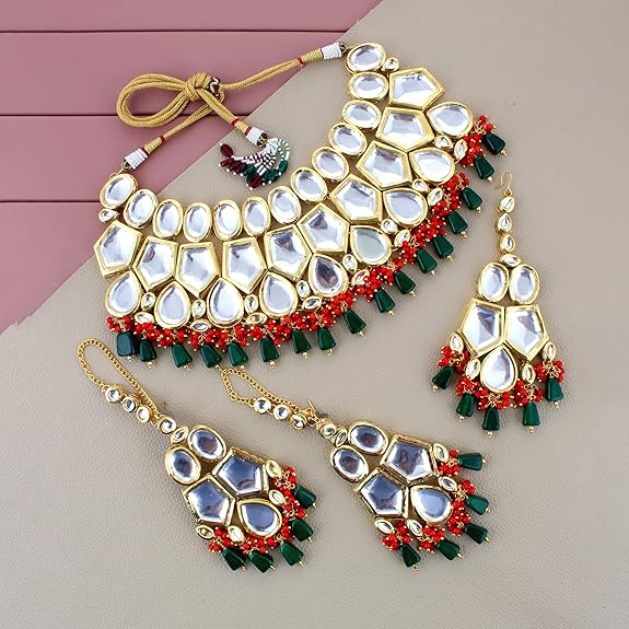 Tehzeeb Creations Back Meenakari Gold-Polished Multicolor Color Tika Earring Jewellery Set Uncut Big Faux Kundan Dibbi Kundan Choker Necklace Set | Swadesiicart