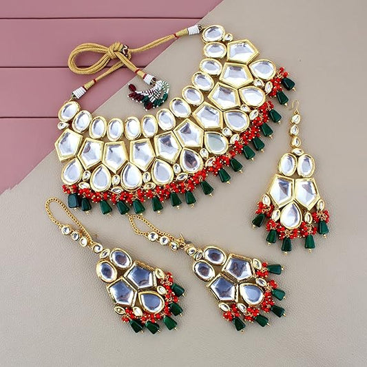 Tehzeeb Creations Back Meenakari Gold-Polished Multicolor Color Tika Earring Jewellery Set Uncut Big Faux Kundan Dibbi Kundan Choker Necklace Set | Swadesiicart