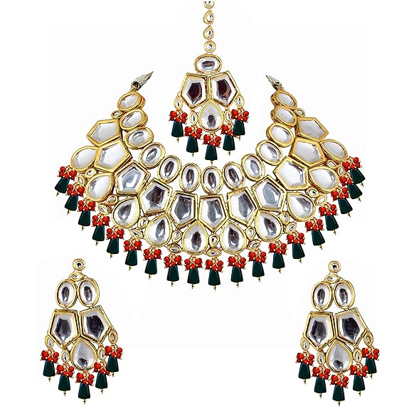 Tehzeeb Creations Back Meenakari Gold-Polished Multicolor Color Tika Earring Jewellery Set Uncut Big Faux Kundan Dibbi Kundan Choker Necklace Set | Swadesiicart