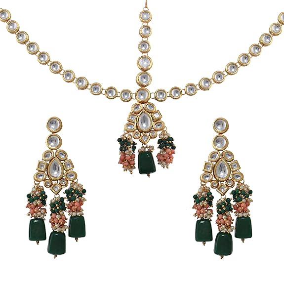Tehzeeb Creations Gold-Polished Multicolor Kundan Stone/Uncut Kundan/Dibbi Kundan/Meena Kundan/Lucknow Kundan Bridal Set for Girls & Women - Swadesiicart
