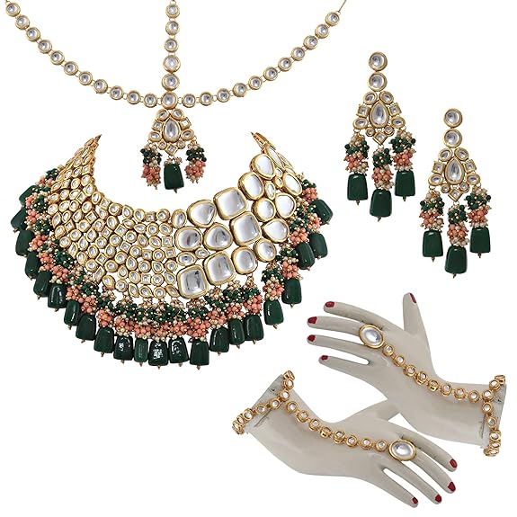 Tehzeeb Creations Gold-Polished Multicolor Kundan Stone/Uncut Kundan/Dibbi Kundan/Meena Kundan/Lucknow Kundan Bridal Set for Girls & Women - Swadesiicart