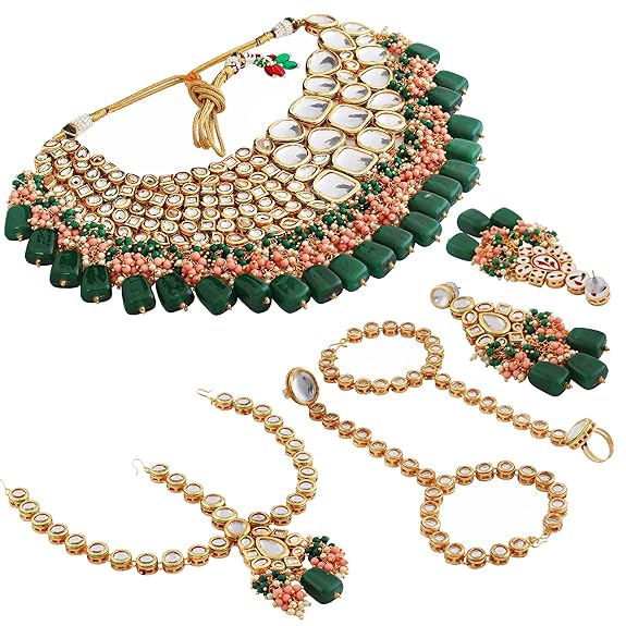 Tehzeeb Creations Gold-Polished Multicolor Kundan Stone/Uncut Kundan/Dibbi Kundan/Meena Kundan/Lucknow Kundan Bridal Set for Girls & Women - Swadesiicart
