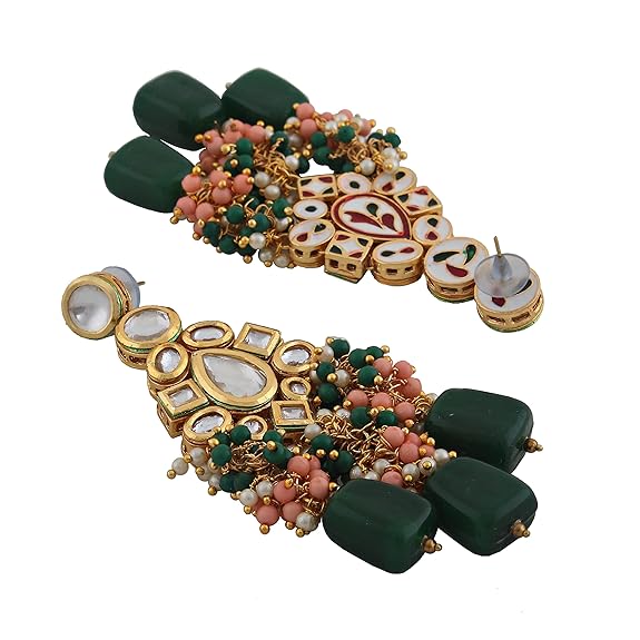Tehzeeb Creations Gold-Polished Multicolor Kundan Stone/Uncut Kundan/Dibbi Kundan/Meena Kundan/Lucknow Kundan Bridal Set for Girls & Women - Swadesiicart