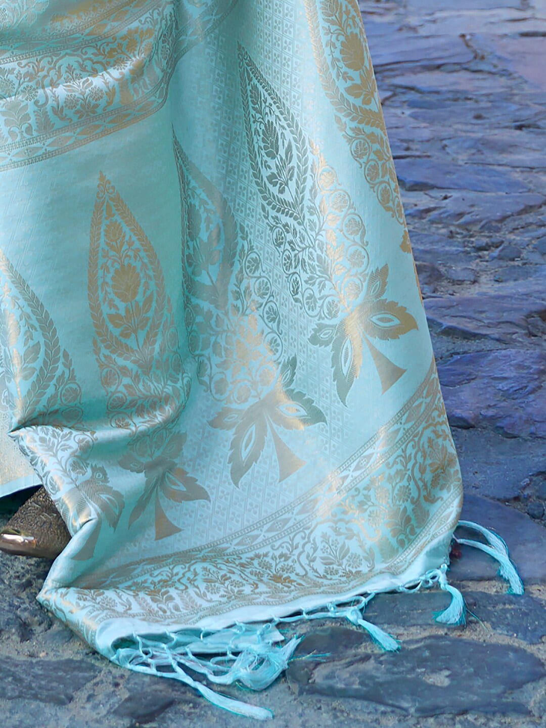 Mitera Women Turquoise Blue Ethnic Motifs Silk Blend Banarasi Saree | Swadesiicart