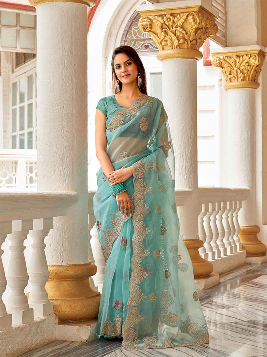 Tikhi Imli Ethnic Motifs Embroidery Organza Heavy Work Saree | Swadesiicart