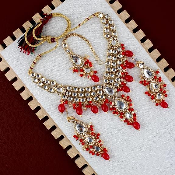 Tehzeeb Creations Gold-Polished White Red Color Tika Earring Necklace Combo Kundan Jewellery Set - Swadesiicart