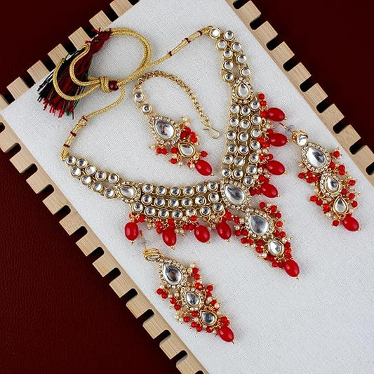 Tehzeeb Creations Gold-Polished White Red Color Tika Earring Necklace Combo Kundan Jewellery Set - Swadesiicart