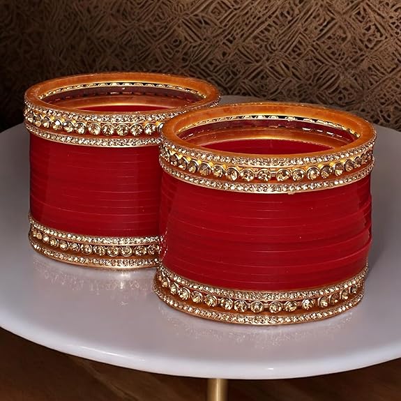 Tehzeeb Creations Bridal Bangle Set Wedding punjabi chuda, Designer chura CZ Stone Maroon Color Choora Set for Women - Swadesiicart