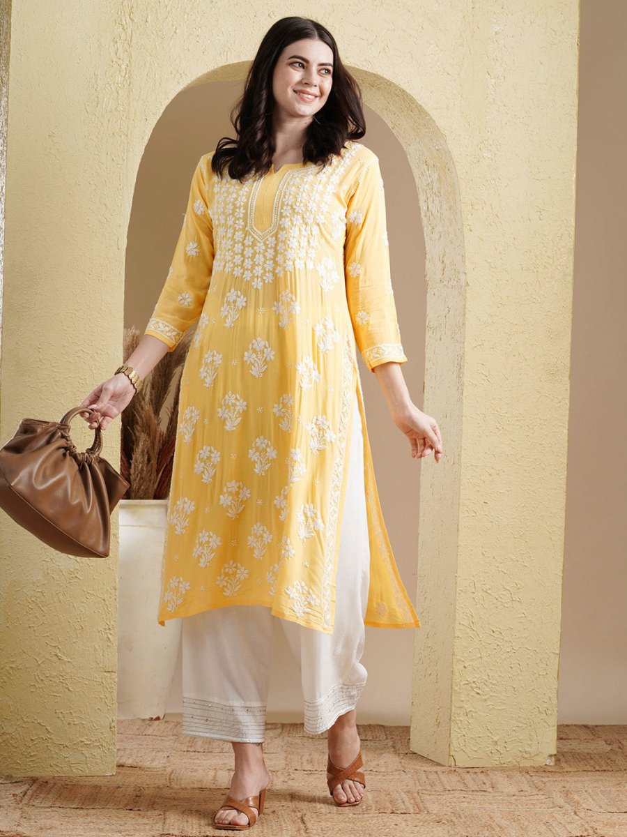 ADA Floral Lucknowi Chikankari Straight Kurta | Swadesiicart