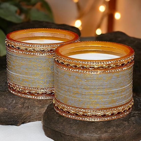 Tehzeeb Creations Bridal Bangle set Wedding Punjabi chuda Designer chura CZ Stone with Kundan Stone Grey Color choora - Swadesiicart