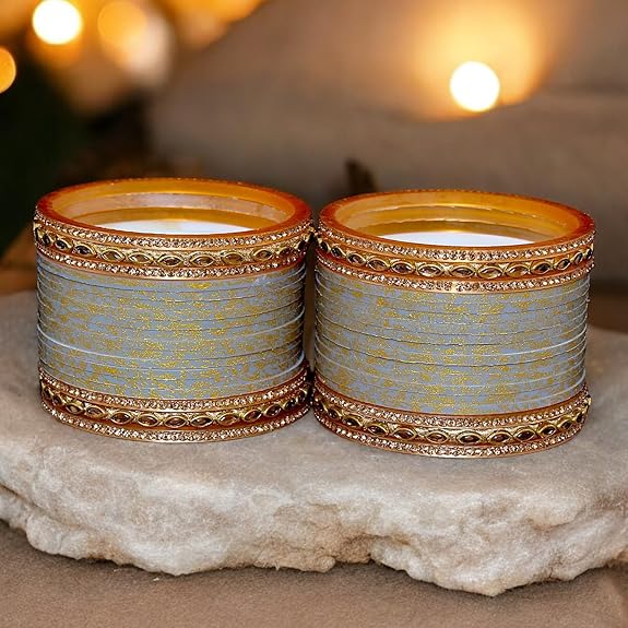 Tehzeeb Creations Bridal Bangle set Wedding Punjabi chuda Designer chura CZ Stone with Kundan Stone Grey Color choora - Swadesiicart